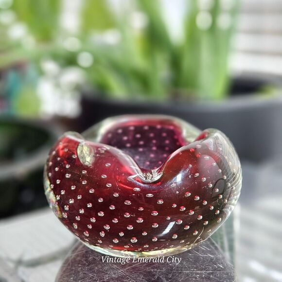 Vtg Drak Red Murano Hand Blown Glass Controlled Bubbles Candy Dish Ash Tray Read - Picture 1 of 10